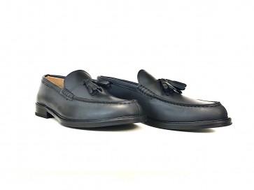 Mocassino uomo con nappine in pelle blu anticato